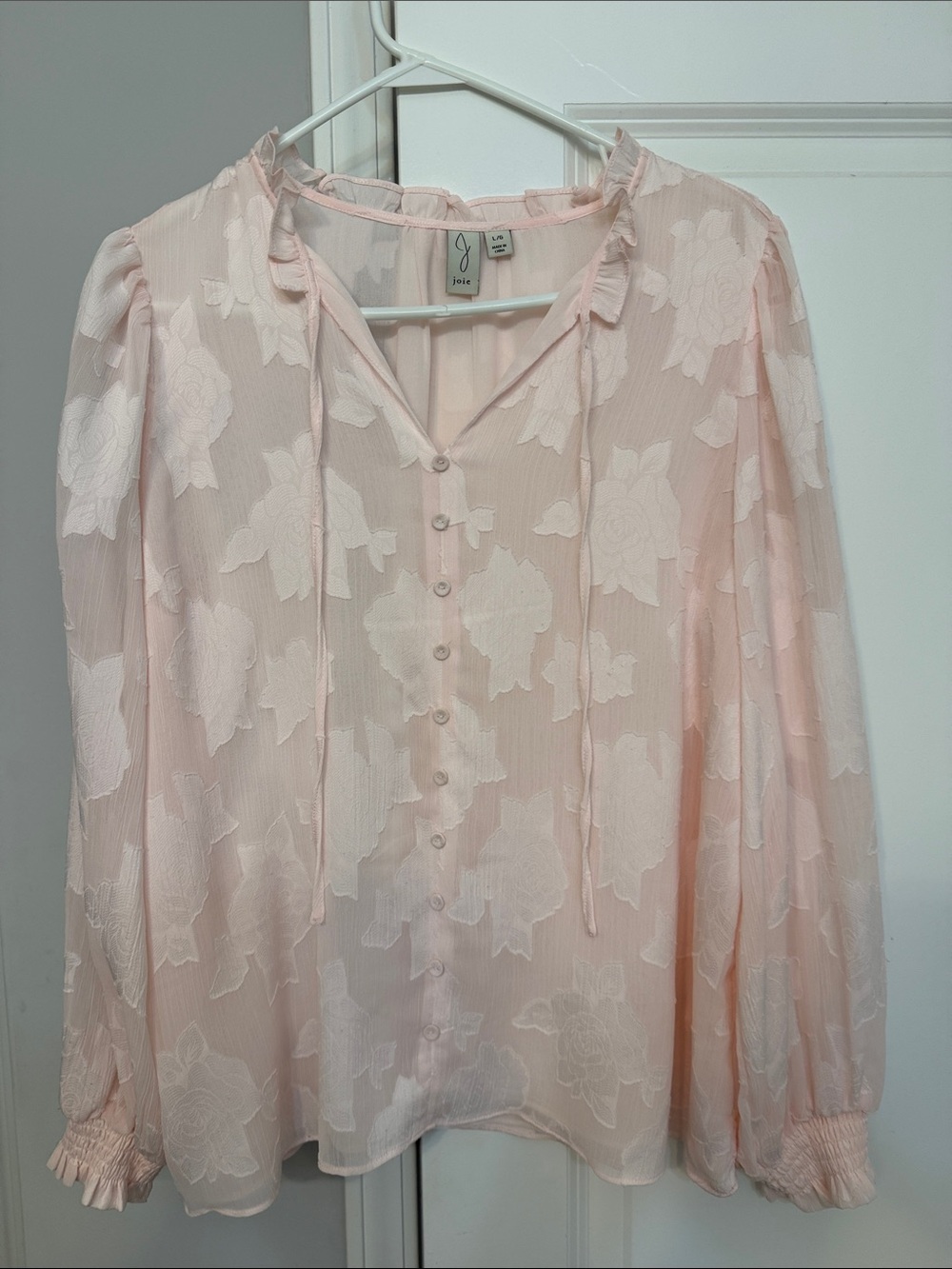 Joie Light Pink Floral Button-Down Tie-Neck Blouse